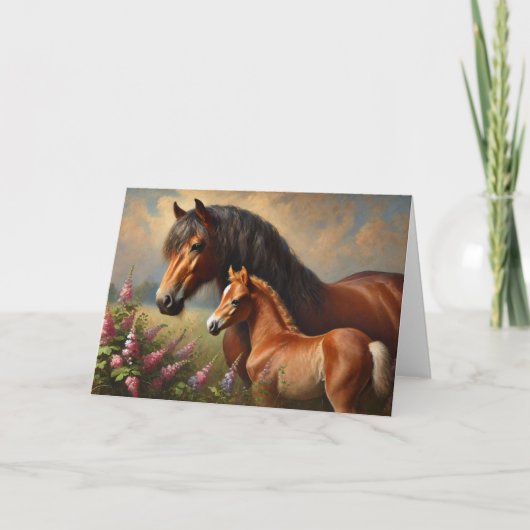Bay Mare met een veulen Wildflowers Schilderij Kaart (Voorkant)