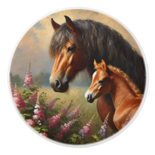 Bay Mare met een veulen Wildflowers Schilderij Keramische Knop