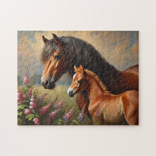Bay Mare met een veulen Wildflowers Schilderij Legpuzzel (Horizontaal)