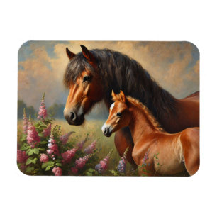 Bay Mare met een veulen Wildflowers Schilderij Magneet