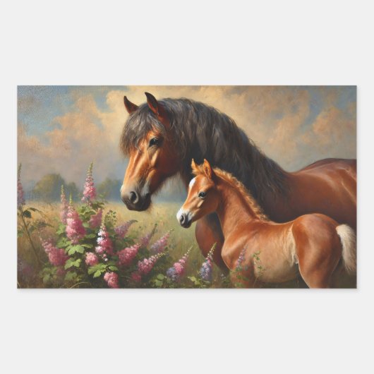 Bay Mare met een veulen Wildflowers Schilderij Rechthoekige Sticker (Voorkant)