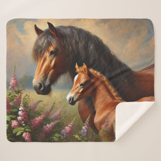 Bay Mare met een veulen Wildflowers Schilderij Sherpa Deken (Voorkant (horizontaal))