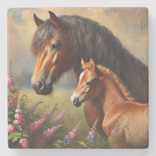 Bay Mare met een veulen Wildflowers Schilderij Stenen Onderzetter