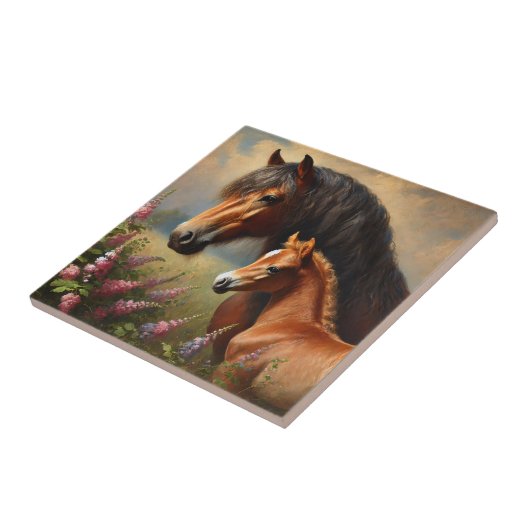 Bay Mare met een veulen Wildflowers Schilderij Tegeltje (Zijkant)