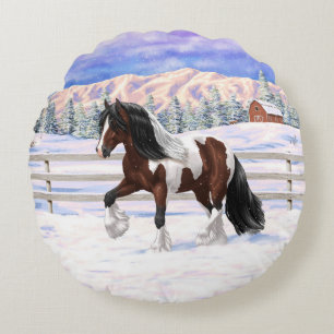 Bay Pinto Brown Skewbald Gypsy Vanner Tinker Horse Rond Kussen
