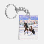 Bay Pinto Gypsy Vanner Draft Horse in sneeuw Sleutelhanger (Voorkant Links)