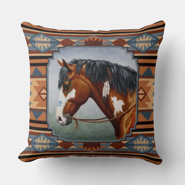 Bay Pinto War Horse Southwestern Design Kussen (Voorkant)