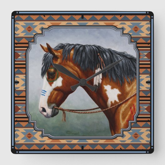 Bay Pinto War Horse Southwestern Design Vierkante Klok (Voorkant)