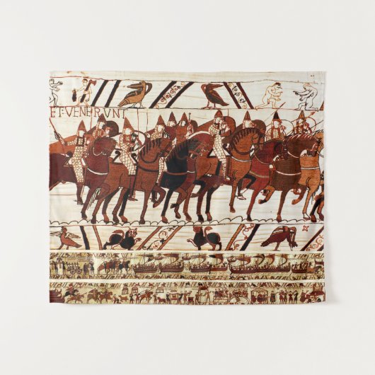 BAYEUX TAPESTRY NORMAN ARMY, KNIGHTS HORSEBACK WANDKLEED (Voorkant (horizontaal))