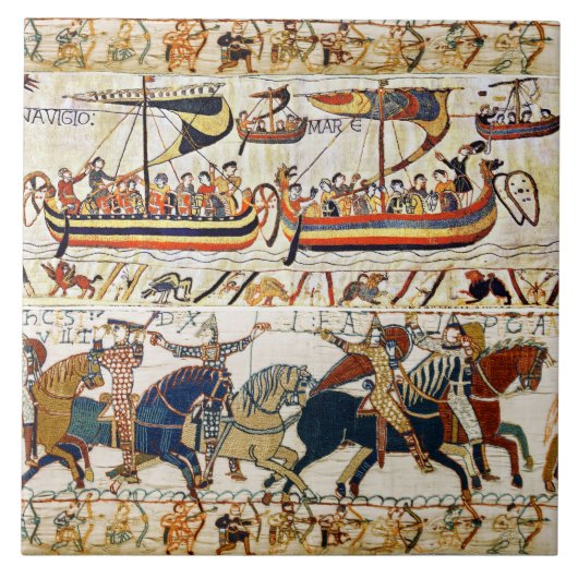 BAYEUX TAPESTRY NORMAN KNIGHTS, VIKING SHIPS, ARCH TEGELTJE (Voorkant)