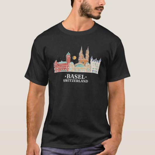 Bazel Zwitserland  Retro Skyline T-shirt (Voorkant)