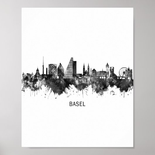 Bazel Zwitserland Skyline BW Poster (Voorkant)