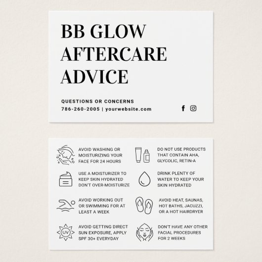 BB Glow Facial Aftercare Kaart (Voorkant /achterkant)