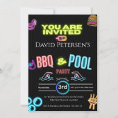 BBQ and Pool Party Neon Birthday Invitation Kaart (Voorkant)