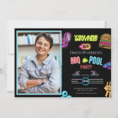 BBQ and Pool Party Neon Photo Birthday Invitation Kaart (Voorkant)