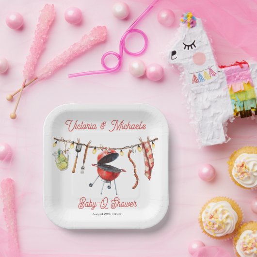 BBQ Baby-Q Baby shower Gingham waslijn Papieren Bordje (Feest)