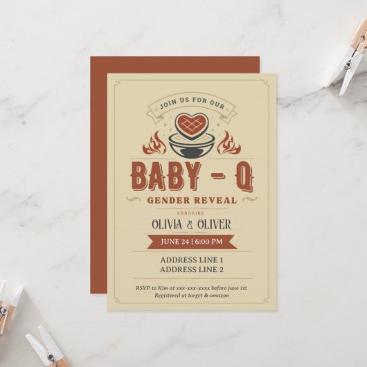 BBQ baby shower, Baby-Q gender onthullen Kaart (Voorkant / Achterkant in situ)