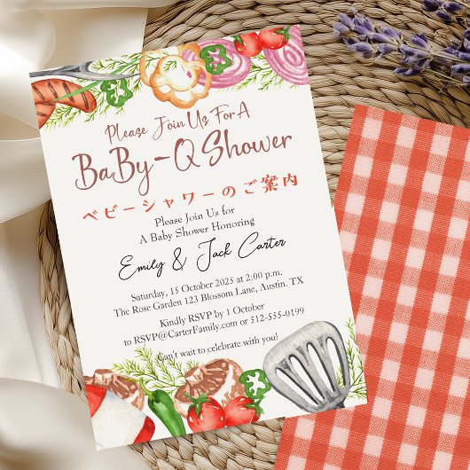 BBQ Baby shower BabyQ Voedsel Rood Gingham Rustiek Kaart
