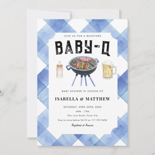BBQ Baby Shower Blue Gingham Baby-Q Kaart (Voorkant)