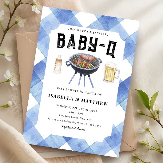 BBQ Baby Shower Blue Gingham Baby-Q Kaart