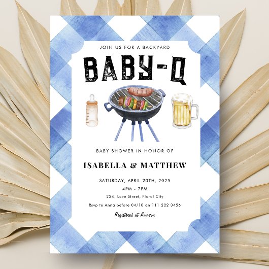 BBQ Baby Shower Blue Gingham Baby-Q Kaart