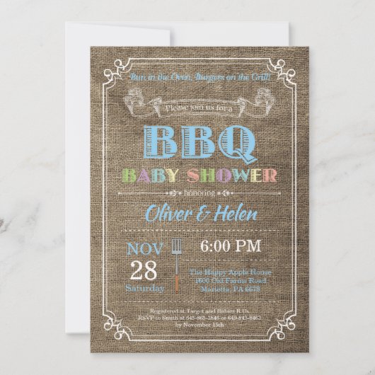 BBQ Baby shower Invitation Burlap Blue Kaart (Voorkant)