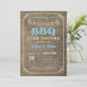 BBQ Baby shower Invitation Burlap Blue Kaart (Staand voorkant)