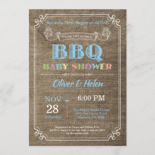 BBQ Baby shower Invitation Burlap Blue Kaart