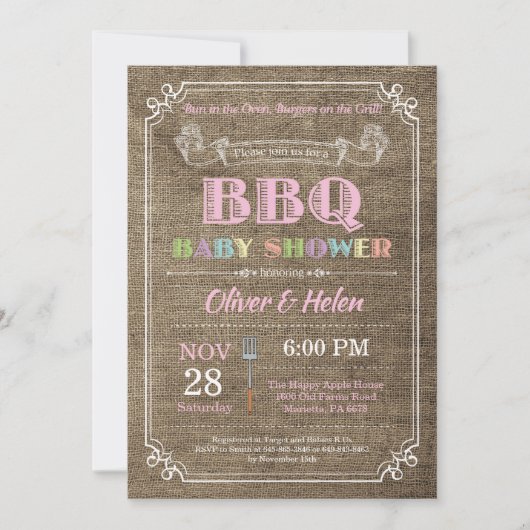 BBQ Baby shower Invitation Burlap Pink Kaart (Voorkant)