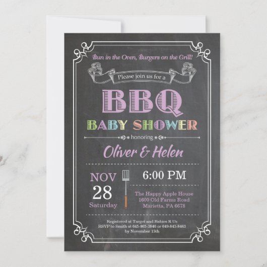 BBQ Baby shower Invitation Chalkboard Paars Kaart (Voorkant)