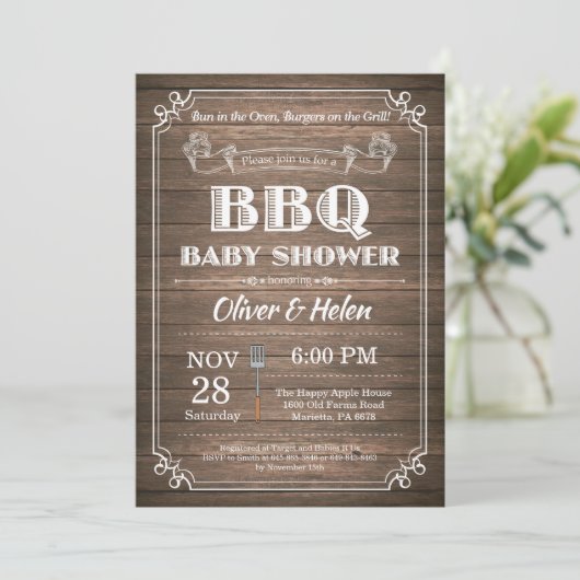 BBQ Baby shower Invitation Rustic Wood Kaart (Staand voorkant)