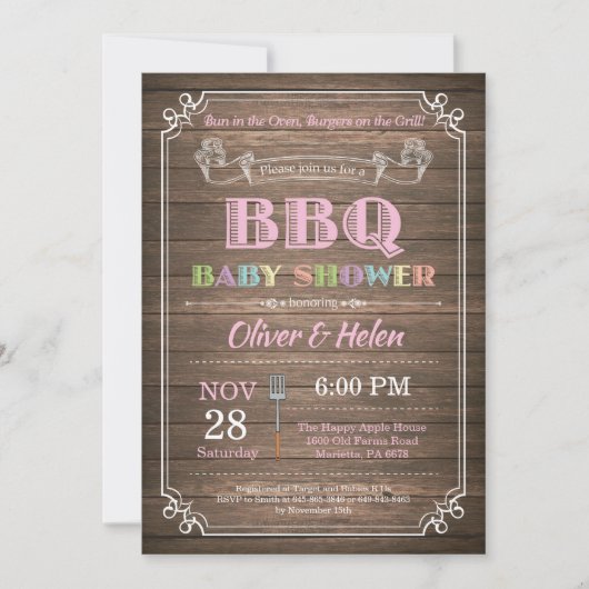 BBQ Baby shower Invitation Rustic Wood Pink Kaart (Voorkant)