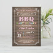BBQ Baby shower Invitation Rustic Wood Pink Kaart (Staand voorkant)