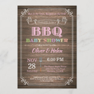 BBQ Baby shower Invitation Rustic Wood Pink Kaart