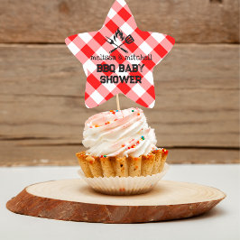 BBQ baby shower rode geruite cupcake toppers Ster Sticker