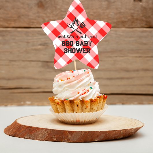 BBQ baby shower rode geruite cupcake toppers Ster Sticker