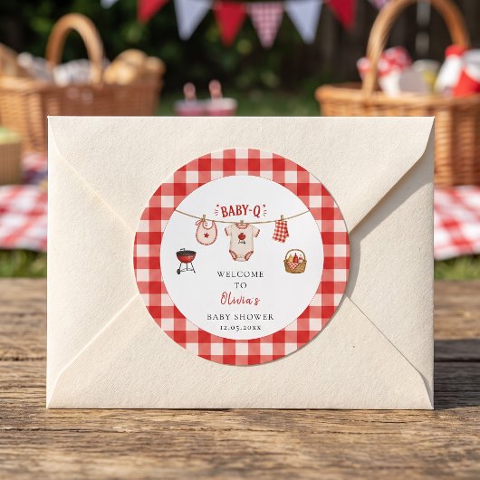 Bbq Baby Shower Rustic Rood Geruit Ronde Sticker