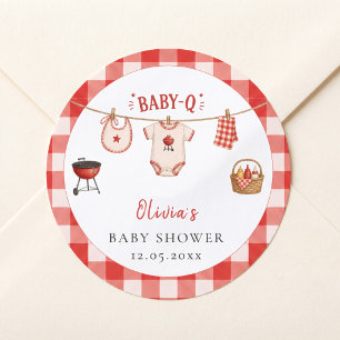Bbq Baby Shower Rustic Rood Geruit Ronde Sticker