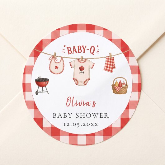 Bbq Baby Shower Rustic Rood Geruit Ronde Sticker