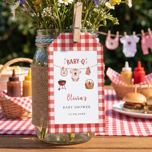 Bbq Baby Shower Rustieke Rood Gestreepte Stof Cadeaulabel