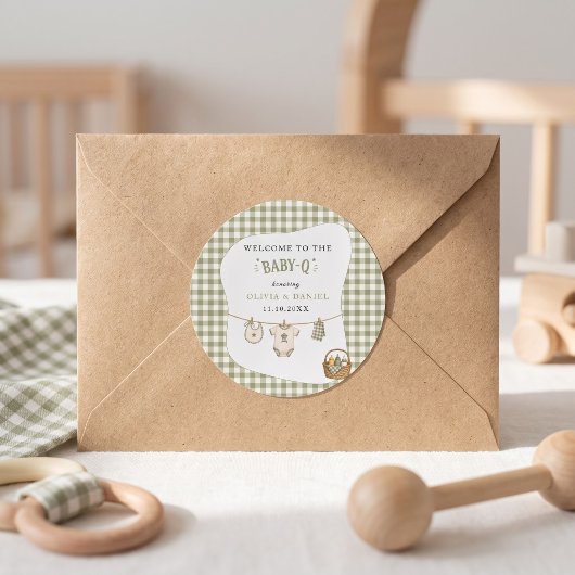 Bbq Baby Shower Sage Gingham Rustic Op Maat Ronde Sticker
