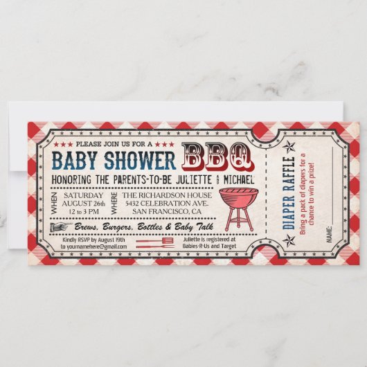 BBQ Baby shower Ticket Luier Raffle Uitnodigingen (Voorkant)