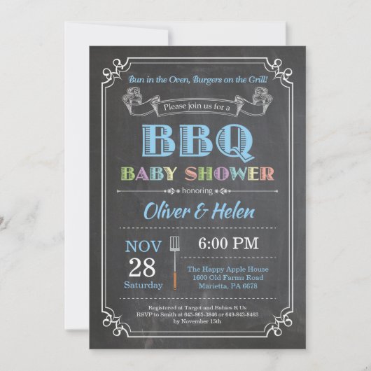BBQ Baby shower Uitnodiging Chalkboard Blauw (Voorkant)