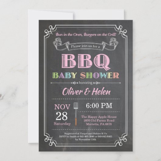 BBQ Baby shower Uitnodiging Chalkboard Roze (Voorkant)