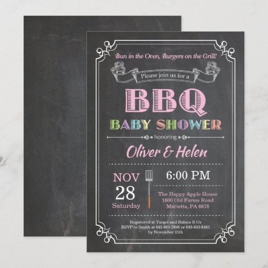BBQ Baby shower Uitnodiging Chalkboard Roze (Voorkant / Achterkant)