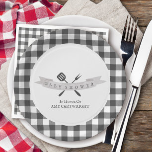 BBQ Baby Shower Vintage Typografie Grijs Gestreept Papieren Bordje