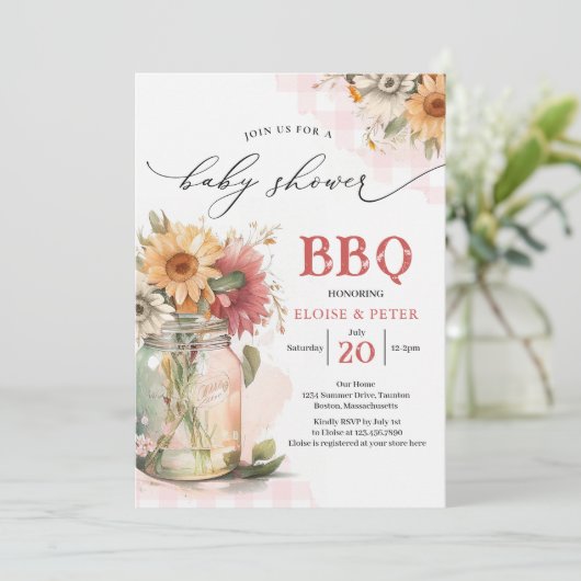 BBQ Barbecue Sunflower Rustic Couples Baby shower Kaart (Staand voorkant)