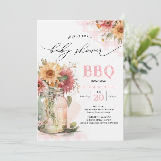 BBQ Barbecue Sunflower Rustic Couples Baby shower Kaart (Staand voorkant)
