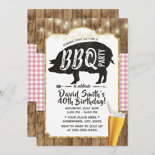 BBQ & Beer Pink Pset String Lights Birthday Party Kaart (Voorkant / Achterkant)