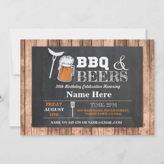 BBQ & BEERS Birthday Chalk Wood Uitnodiging (Voorkant)